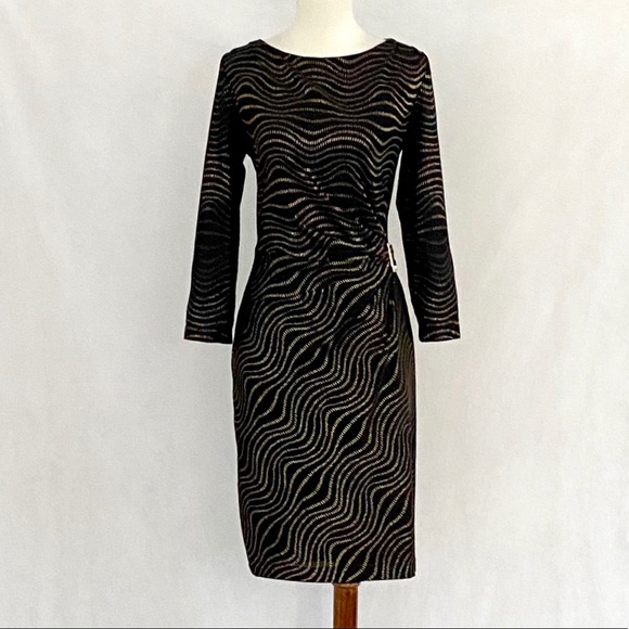 Tahari Dresses & Skirts - Tahari Black & Metallic Gold Buckle Ruched Dress